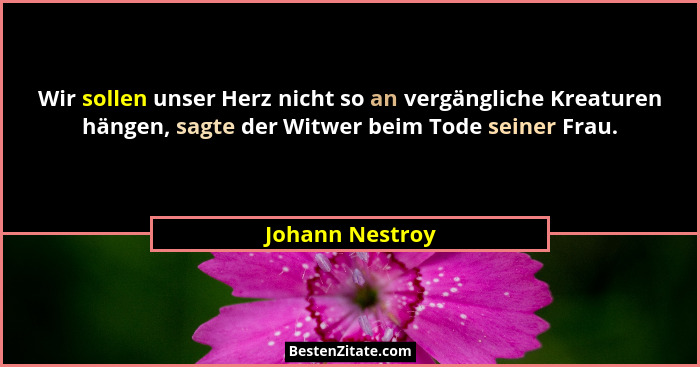 Wir sollen unser Herz nicht so an vergängliche Kreaturen hängen, sagte der Witwer beim Tode seiner Frau.... - Johann Nestroy
