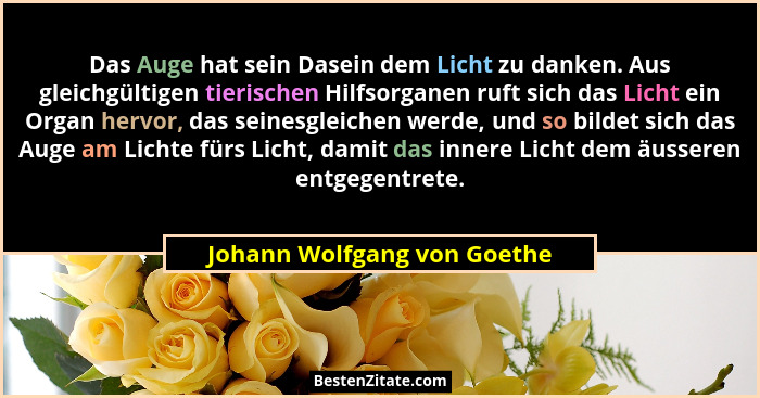 Das Auge hat sein Dasein dem Licht zu danken. Aus gleichgültigen tierischen Hilfsorganen ruft sich das Licht ein Organ he... - Johann Wolfgang von Goethe