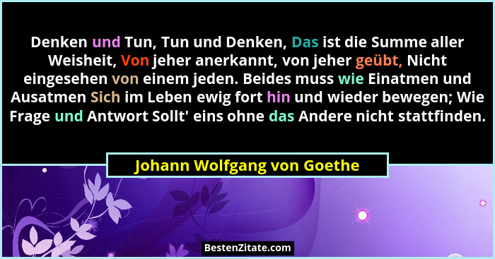 Denken und Tun, Tun und Denken, Das ist die Summe aller Weisheit, Von jeher anerkannt, von jeher geübt, Nicht eingesehen... - Johann Wolfgang von Goethe