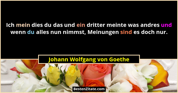 Ich mein dies du das und ein dritter meinte was andres und wenn du alles nun nimmst, Meinungen sind es doch nur.... - Johann Wolfgang von Goethe