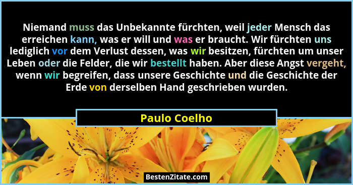 Niemand muss das Unbekannte fürchten, weil jeder Mensch das erreichen kann, was er will und was er braucht. Wir fürchten uns lediglich... - Paulo Coelho