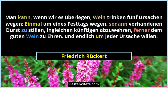 Man kann, wenn wir es überlegen, Wein trinken fünf Ursachen wegen: Einmal um eines Festtags wegen, sodann vorhandenen Durst zu sti... - Friedrich Rückert
