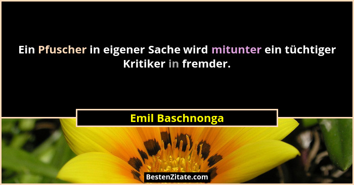 Ein Pfuscher in eigener Sache wird mitunter ein tüchtiger Kritiker in fremder.... - Emil Baschnonga