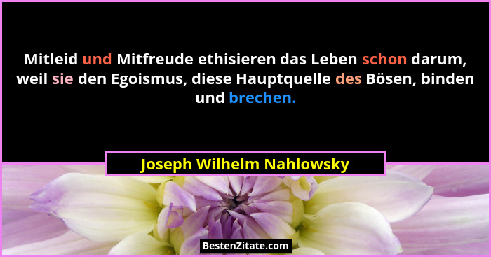 Mitleid und Mitfreude ethisieren das Leben schon darum, weil sie den Egoismus, diese Hauptquelle des Bösen, binden und brec... - Joseph Wilhelm Nahlowsky