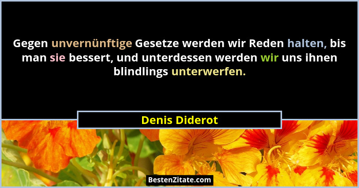 Gegen unvernünftige Gesetze werden wir Reden halten, bis man sie bessert, und unterdessen werden wir uns ihnen blindlings unterwerfen.... - Denis Diderot