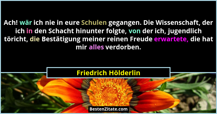 Ach! wär ich nie in eure Schulen gegangen. Die Wissenschaft, der ich in den Schacht hinunter folgte, von der ich, jugendlich tör... - Friedrich Hölderlin