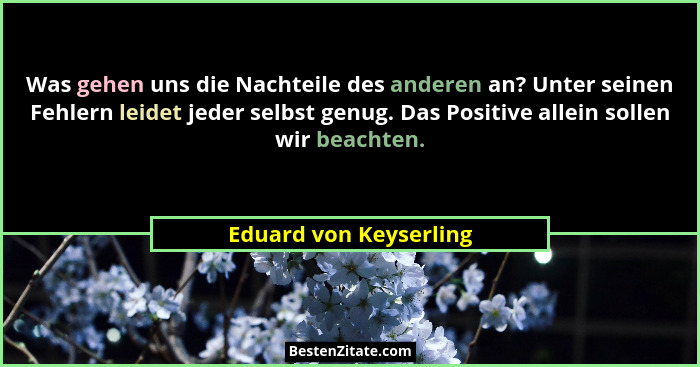 Was gehen uns die Nachteile des anderen an? Unter seinen Fehlern leidet jeder selbst genug. Das Positive allein sollen wir bea... - Eduard von Keyserling