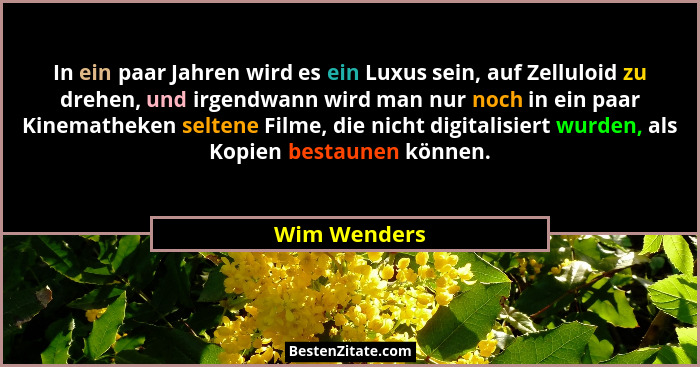 In ein paar Jahren wird es ein Luxus sein, auf Zelluloid zu drehen, und irgendwann wird man nur noch in ein paar Kinematheken seltene Fi... - Wim Wenders