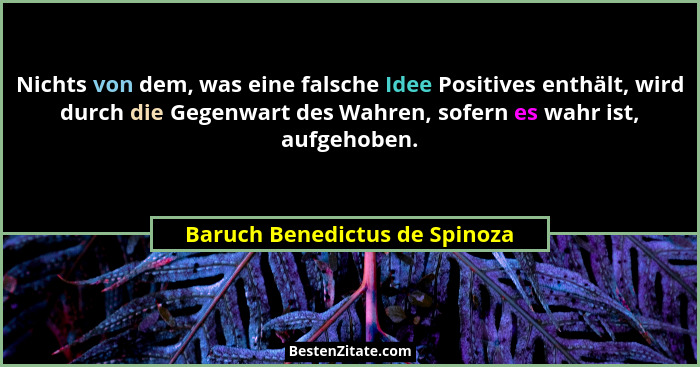 Nichts von dem, was eine falsche Idee Positives enthält, wird durch die Gegenwart des Wahren, sofern es wahr ist, aufge... - Baruch Benedictus de Spinoza