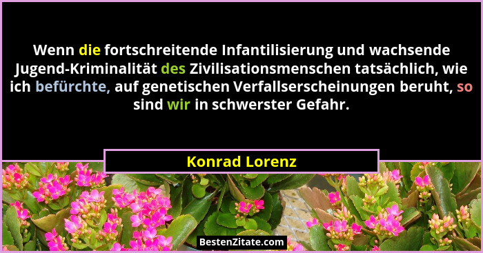 Wenn die fortschreitende Infantilisierung und wachsende Jugend-Kriminalität des Zivilisationsmenschen tatsächlich, wie ich befürchte,... - Konrad Lorenz