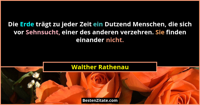 Die Erde trägt zu jeder Zeit ein Dutzend Menschen, die sich vor Sehnsucht, einer des anderen verzehren. Sie finden einander nicht.... - Walther Rathenau