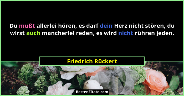 Du mußt allerlei hören, es darf dein Herz nicht stören, du wirst auch mancherlei reden, es wird nicht rühren jeden.... - Friedrich Rückert
