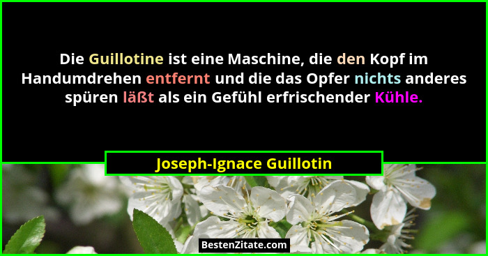 Die Guillotine ist eine Maschine, die den Kopf im Handumdrehen entfernt und die das Opfer nichts anderes spüren läßt als ein... - Joseph-Ignace Guillotin