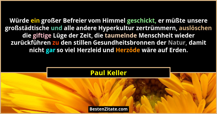 Würde ein großer Befreier vom Himmel geschickt, er müßte unsere großstädtische und alle andere Hyperkultur zertrümmern, auslöschen die g... - Paul Keller