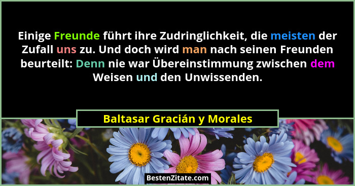 Einige Freunde führt ihre Zudringlichkeit, die meisten der Zufall uns zu. Und doch wird man nach seinen Freunden beurteil... - Baltasar Gracián y Morales