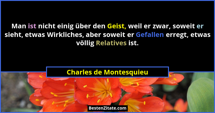 Man ist nicht einig über den Geist, weil er zwar, soweit er sieht, etwas Wirkliches, aber soweit er Gefallen erregt, etwas vö... - Charles de Montesquieu