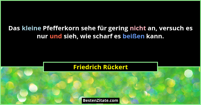 Das kleine Pfefferkorn sehe für gering nicht an, versuch es nur und sieh, wie scharf es beißen kann.... - Friedrich Rückert