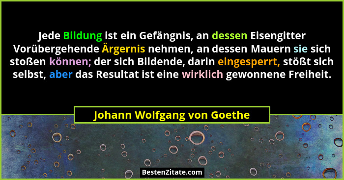 Jede Bildung ist ein Gefängnis, an dessen Eisengitter Vorübergehende Ärgernis nehmen, an dessen Mauern sie sich stoßen kö... - Johann Wolfgang von Goethe
