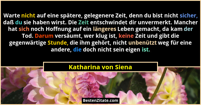 Warte nicht auf eine spätere, gelegenere Zeit, denn du bist nicht sicher, daß du sie haben wirst. Die Zeit entschwindet dir unve... - Katharina von Siena