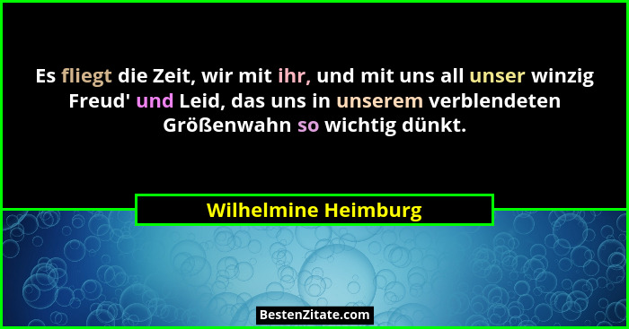 Es fliegt die Zeit, wir mit ihr, und mit uns all unser winzig Freud' und Leid, das uns in unserem verblendeten Größenwahn so... - Wilhelmine Heimburg