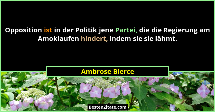 Opposition ist in der Politik jene Partei, die die Regierung am Amoklaufen hindert, indem sie sie lähmt.... - Ambrose Bierce