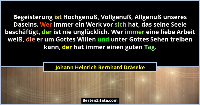 Begeisterung ist Hochgenuß, Vollgenuß, Allgenuß unseres Daseins. Wer immer ein Werk vor sich hat, das seine Seele b... - Johann Heinrich Bernhard Dräseke
