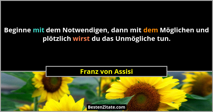 Beginne mit dem Notwendigen, dann mit dem Möglichen und plötzlich wirst du das Unmögliche tun.... - Franz von Assisi