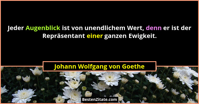Jeder Augenblick ist von unendlichem Wert, denn er ist der Repräsentant einer ganzen Ewigkeit.... - Johann Wolfgang von Goethe
