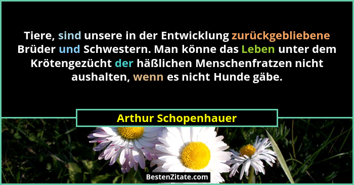 Tiere, sind unsere in der Entwicklung zurückgebliebene Brüder und Schwestern. Man könne das Leben unter dem Krötengezücht der hä... - Arthur Schopenhauer