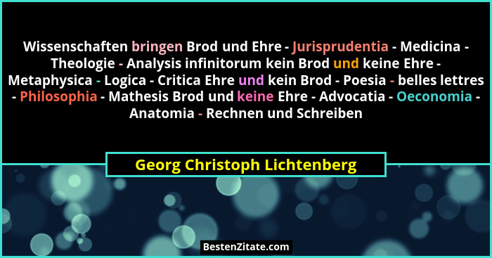 Wissenschaften bringen Brod und Ehre - Jurisprudentia - Medicina - Theologie - Analysis infinitorum kein Brod und keine... - Georg Christoph Lichtenberg