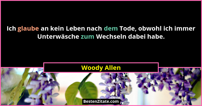 Ich glaube an kein Leben nach dem Tode, obwohl ich immer Unterwäsche zum Wechseln dabei habe.... - Woody Allen