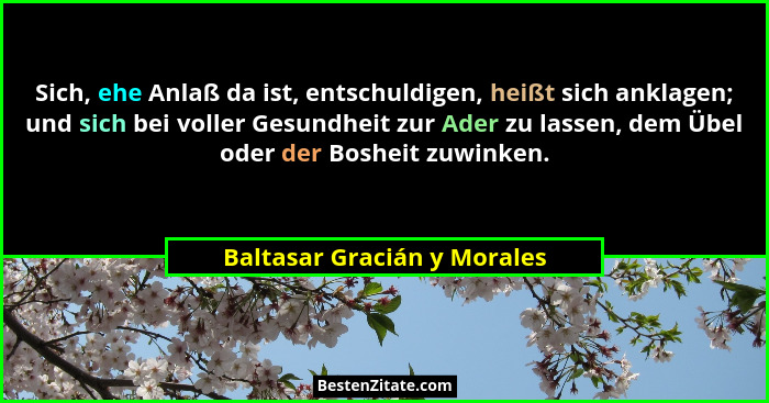 Sich, ehe Anlaß da ist, entschuldigen, heißt sich anklagen; und sich bei voller Gesundheit zur Ader zu lassen, dem Übel o... - Baltasar Gracián y Morales