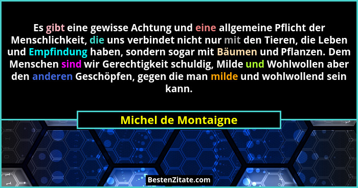 Es gibt eine gewisse Achtung und eine allgemeine Pflicht der Menschlichkeit, die uns verbindet nicht nur mit den Tieren, die Leb... - Michel de Montaigne