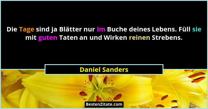 Die Tage sind ja Blätter nur im Buche deines Lebens. Füll sie mit guten Taten an und Wirken reinen Strebens.... - Daniel Sanders