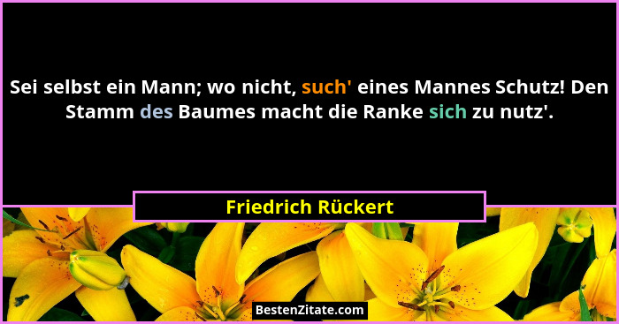 Sei selbst ein Mann; wo nicht, such' eines Mannes Schutz! Den Stamm des Baumes macht die Ranke sich zu nutz'.... - Friedrich Rückert