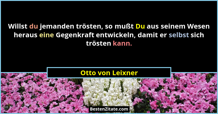 Willst du jemanden trösten, so mußt Du aus seinem Wesen heraus eine Gegenkraft entwickeln, damit er selbst sich trösten kann.... - Otto von Leixner