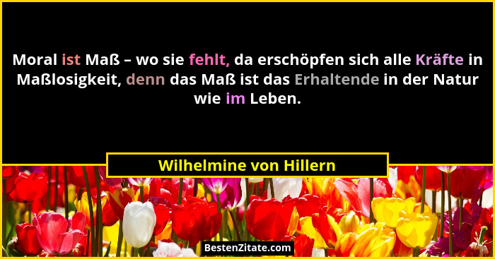 Moral ist Maß – wo sie fehlt, da erschöpfen sich alle Kräfte in Maßlosigkeit, denn das Maß ist das Erhaltende in der Natur wi... - Wilhelmine von Hillern