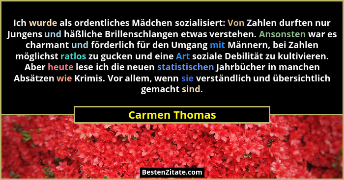 Ich wurde als ordentliches Mädchen sozialisiert: Von Zahlen durften nur Jungens und häßliche Brillenschlangen etwas verstehen. Ansonst... - Carmen Thomas