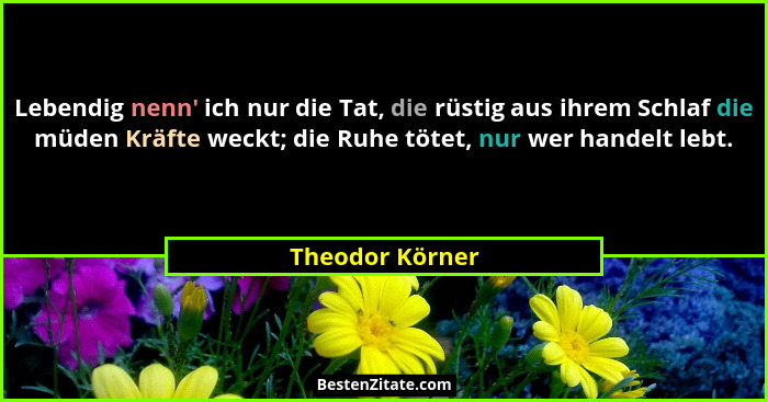Lebendig nenn' ich nur die Tat, die rüstig aus ihrem Schlaf die müden Kräfte weckt; die Ruhe tötet, nur wer handelt lebt.... - Theodor Körner