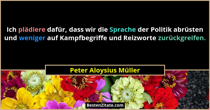 Ich plädiere dafür, dass wir die Sprache der Politik abrüsten und weniger auf Kampfbegriffe und Reizworte zurückgreifen.... - Peter Aloysius Müller