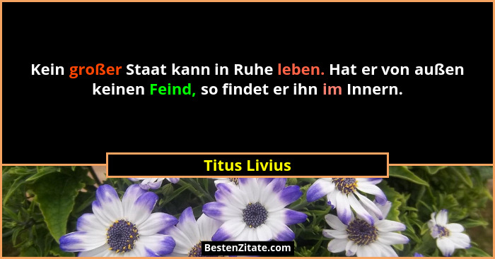 Kein großer Staat kann in Ruhe leben. Hat er von außen keinen Feind, so findet er ihn im Innern.... - Titus Livius