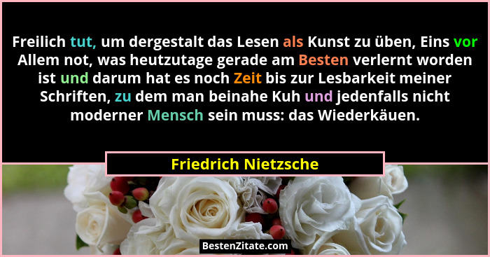 Freilich tut, um dergestalt das Lesen als Kunst zu üben, Eins vor Allem not, was heutzutage gerade am Besten verlernt worden ist... - Friedrich Nietzsche