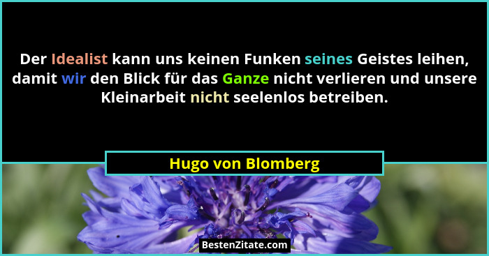 Der Idealist kann uns keinen Funken seines Geistes leihen, damit wir den Blick für das Ganze nicht verlieren und unsere Kleinarbei... - Hugo von Blomberg