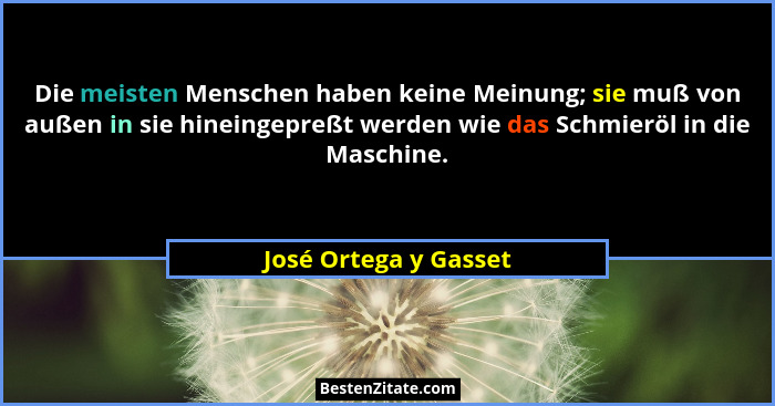 Die meisten Menschen haben keine Meinung; sie muß von außen in sie hineingepreßt werden wie das Schmieröl in die Maschine.... - José Ortega y Gasset