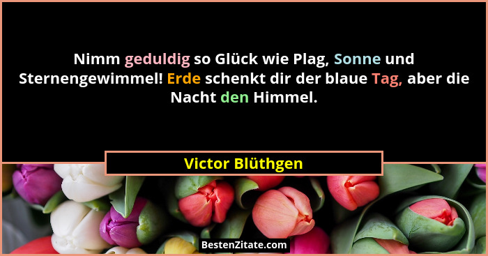 Nimm geduldig so Glück wie Plag, Sonne und Sternengewimmel! Erde schenkt dir der blaue Tag, aber die Nacht den Himmel.... - Victor Blüthgen