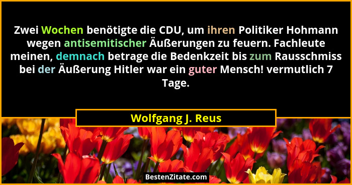 Zwei Wochen benötigte die CDU, um ihren Politiker Hohmann wegen antisemitischer Äußerungen zu feuern. Fachleute meinen, demnach bet... - Wolfgang J. Reus