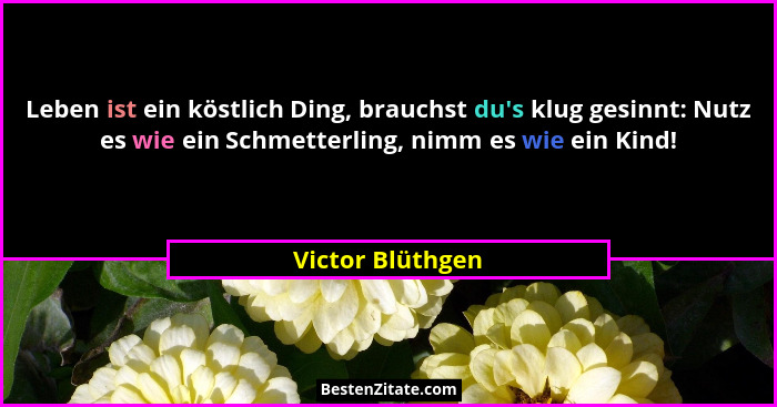 Leben ist ein köstlich Ding, brauchst du's klug gesinnt: Nutz es wie ein Schmetterling, nimm es wie ein Kind!... - Victor Blüthgen