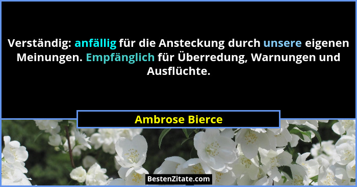 Verständig: anfällig für die Ansteckung durch unsere eigenen Meinungen. Empfänglich für Überredung, Warnungen und Ausflüchte.... - Ambrose Bierce