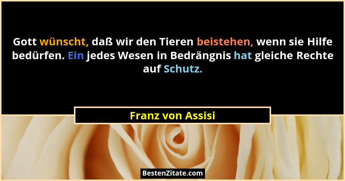 Gott wünscht, daß wir den Tieren beistehen, wenn sie Hilfe bedürfen. Ein jedes Wesen in Bedrängnis hat gleiche Rechte auf Schutz.... - Franz von Assisi