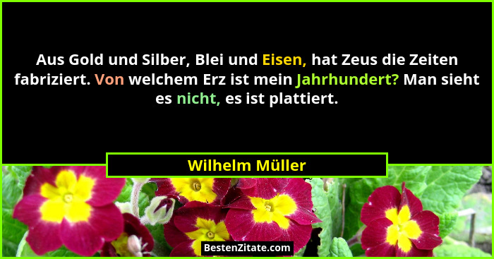 Aus Gold und Silber, Blei und Eisen, hat Zeus die Zeiten fabriziert. Von welchem Erz ist mein Jahrhundert? Man sieht es nicht, es ist... - Wilhelm Müller